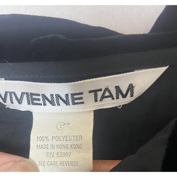 Vivienne Tam Vintage Black Crepe Crinkled Sheer Velvet Trim Top Sz 1 S/M/L - Picture 7 of 9